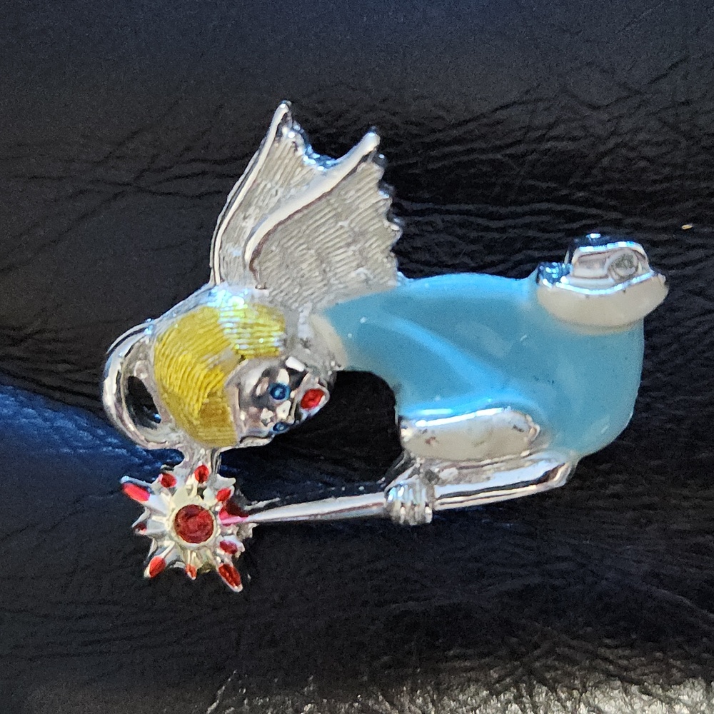 Vintage brooch blue, yellow red Enamel,  praying angel. Silver tone